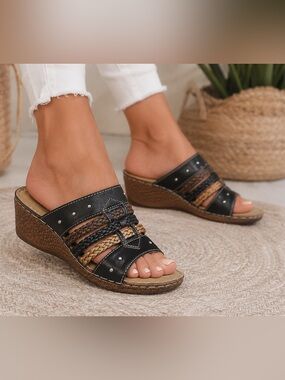 Patrizia by Spring Step Black Brown Braided Wedge Slide Sandals Size 39 US 8.5-9